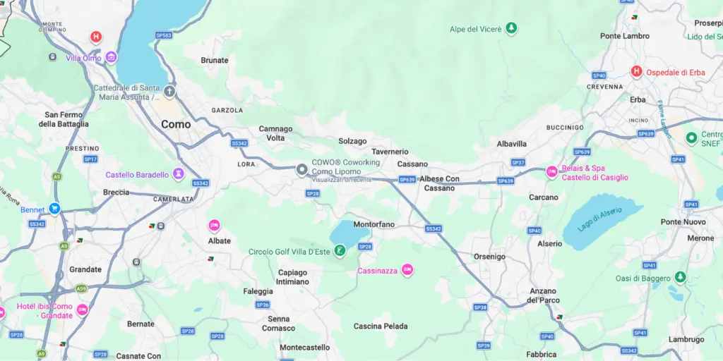 Mappa dei collegamenti e posizione strategica del Coworking a Lipomo tra Como e Lecco